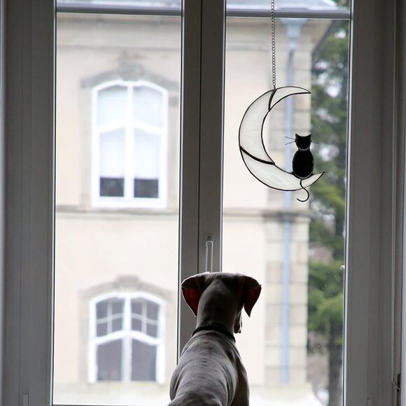 Black Cat Decor On White Moon Stained Glass Window Hanging Suncatcher for Window - Picture 5 of 7